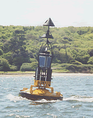 Buoy leaning down tide.